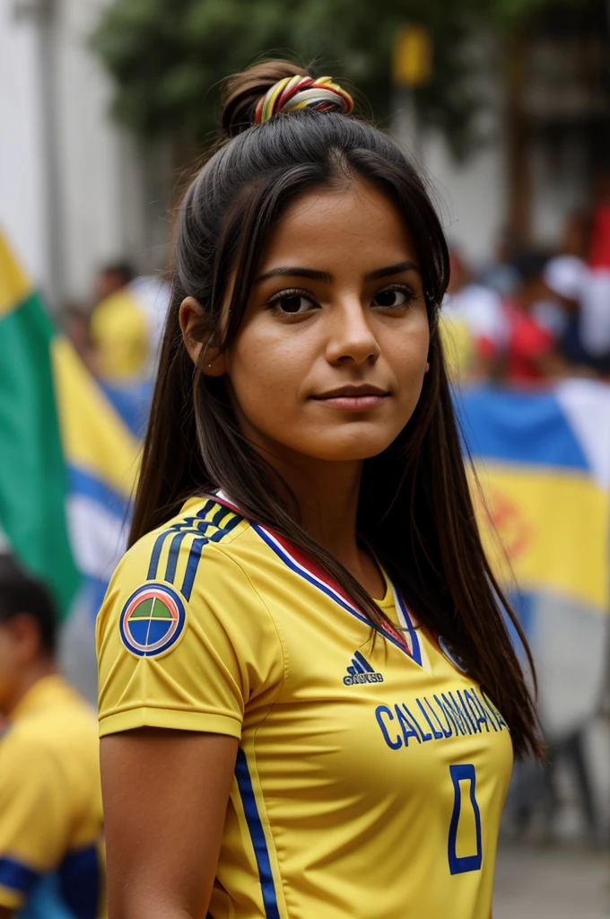Create a photo of a woman wearing a Colombia shirt and having the name Jenny 
