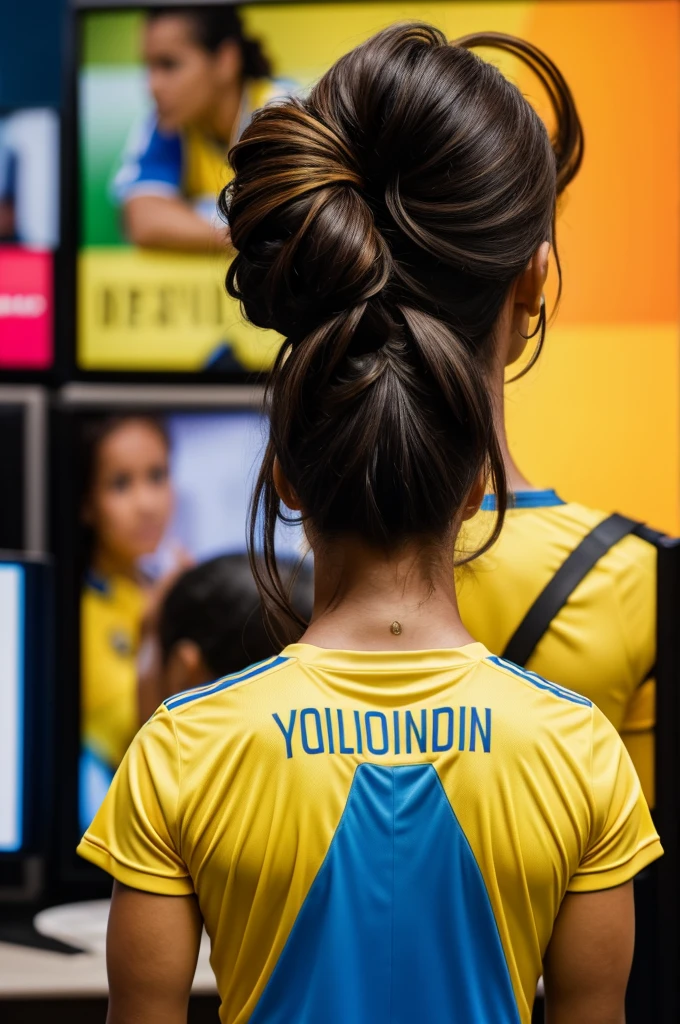 Woman from behind watching large TV screen with the yellow Colombian national team shirt number 10 and name Doris with her hair up