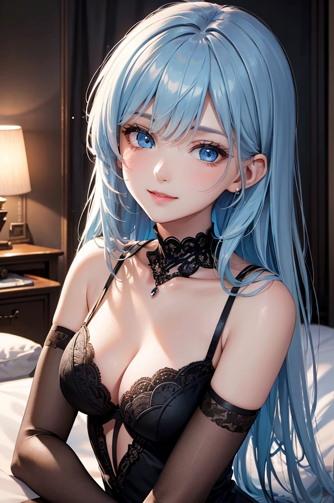 Best Quality,High resolution,8K,finelity detailed background,Masterpiece:1.2),beautiful girl,Shiny light blue hair,blunt bangs,Light blue eyes,Gentle look,A refreshing look,smile,Best quality,Best Quality,Aesthetic and aesthetic:1.2,Best details((Super detailed))(High-definition CG illustrations),Upper Body, Black underwear,(black intricate lace),Slender body,night,moon,Bedroom,On the bed,smile,blush,cute,Scrounge,Looking up,Being spoiled,super model,wariza,shoot from,below