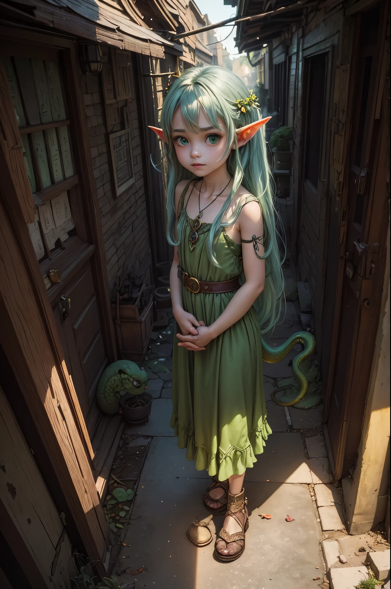 (Realisttic:1.2), analog photo style, (cute goblin wooman looking like elf, intensed green serpent's eyes, surrounded by a gloomy antique setting), (her full body s a visual pleasure), faint smile, soft shading expresses beautiful skin texture, silk material, Graceful curve, necklace, rich and lustrous hair, three dimensional effect, gloomy dark atmosphere, play of light in the sun rays, a delicate balance between beauty and darkness, faded colours, great quality, Masterpiece, intricate fantasy background, naturally cinematic light, 16k quality, HDR, RAW photo