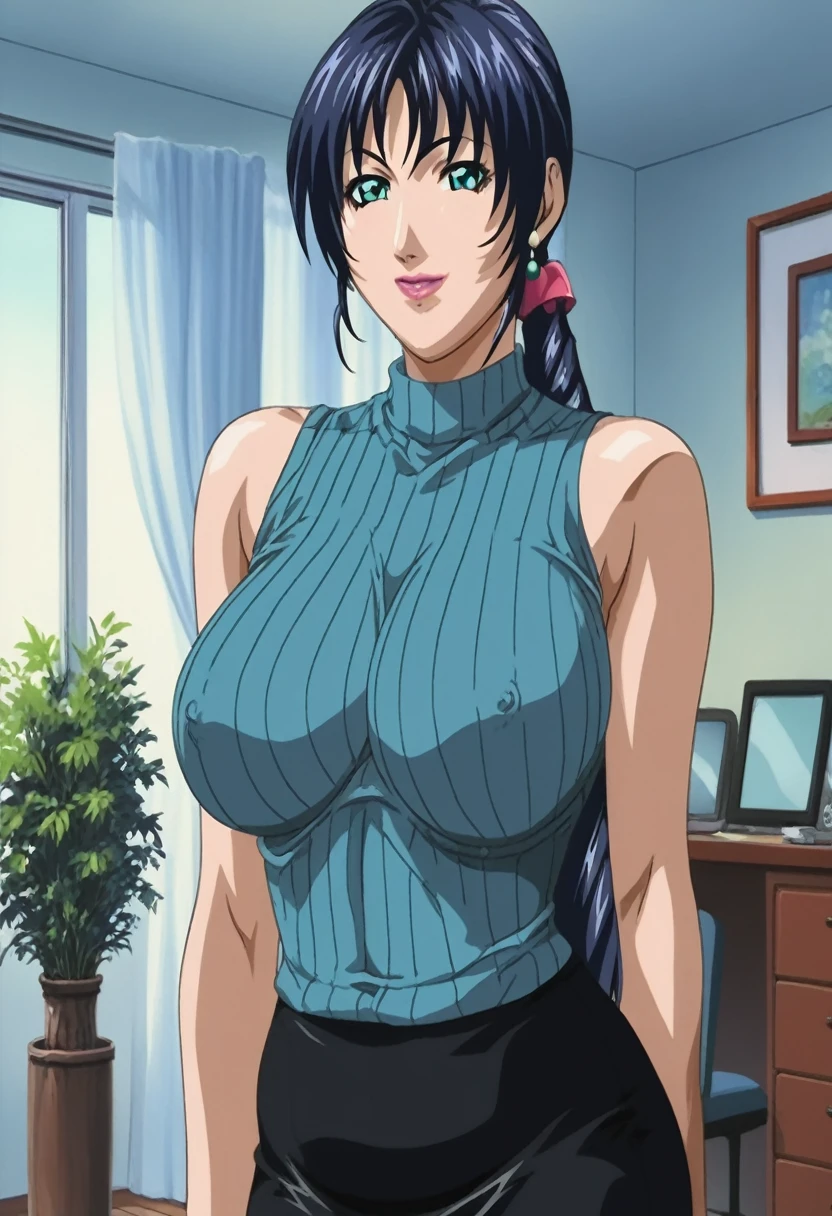 score_9, score_8_up, source_anime Bibl3, milf, busty milf, mature woman, dark blue hair, long hair, straight bangs, huge breasts, bouncy breasts, wide hips, full lips, vivid lips, aqua eyes, detailed eyes, soft smile, innocent smile, ribbed sweater, sleeveless, pencil skirt, apartment, living room, natural light