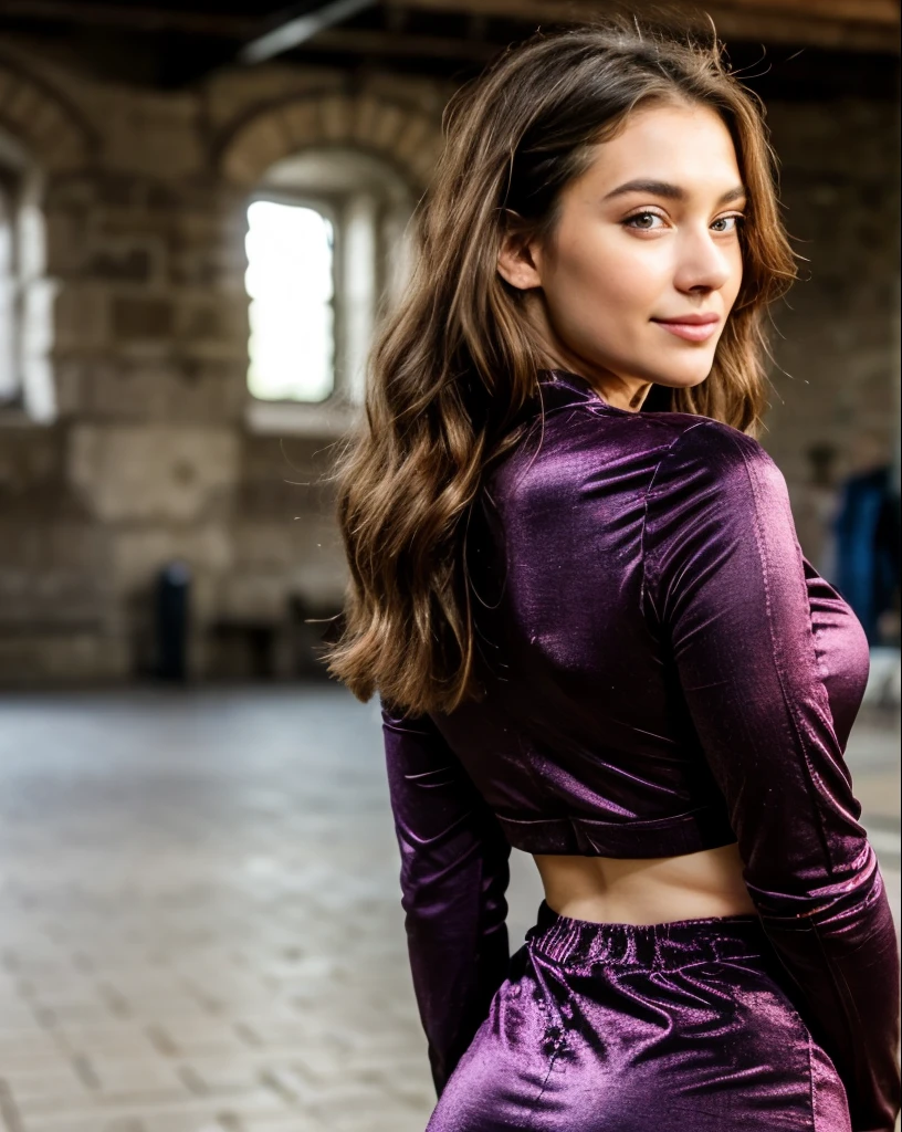 Cute beautiful and sexy European brunette with light green eyes, 22 years, 


seductive look in the eyes, girl wears designer purple velvet dress, castle ruins, full body shot, walking, sardonic smile, purple velvet dress, sneakers, bare legs, purple dress,

innocent face, face length 1.3 times the width of the face, Almond eyes, square face shape, high cheekbones, naturally wavy hair, light green eyes, High resolution, Masterpiece, Best Quality, intricate details, Very detailed, sharp focus, detailed skin, realist skin texture, texture, detailed eyes, professional, 4k, charming smile, shot with cannon, depth of field, Kodak Color Vision, perfectly fitted body, extremely detailed, Photo_\( ultra\), Photorealist, realist, Post processing, maximum details, roughness, real life, ultrarealist, Photorealism, Photography, 8k hd, Photography Eyes: Almond-shaped, golden-brown, deep-set, with a subtle curve at the outer corner.Face: Triangular face with a pointed chin, high cheekbones, angular structure, prominent forehead, and a slightly longer nose. Her features are elegant and refined.Skin: Golden-brown with a smooth and even texture, hinting at warmth.Hair: Straight with a subtle wave, rich dark brown color, possibly waist-length or slightly below. Silky smooth texture, well-maintained and stylish.Height and Build: Around 5'6" to 5'8" tall, slender yet athletic build, erect posture, and graceful demeanor.Hands and Feet: Slender and elegant hands with long fingers, delicate feet with a subtle arch.
