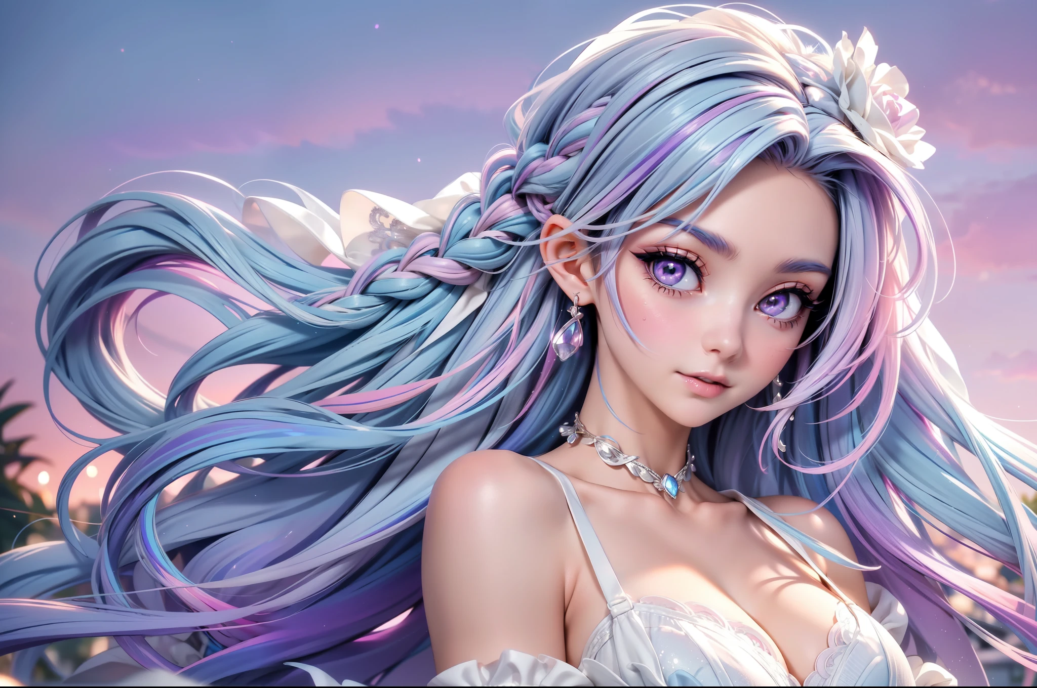 (masterpiece, best quality, beautiful and aesthetic:1.3), look back, side view, 1girl, solo, light smile,  (Silver blue hair streaked pink purple:1.4), (Gradient sky blue hair ends:1.6), hair strand, absurdly long hair, single sidelock, wavy hair, shiny hair, floating hair, (deep purple eyes), delicate eyes, aqua eyes, super high detailed eyes, long upper eyelashes, makeup, Focus on face, Very detailed facial, Pretty Face, Perfect , hot body, porcelain skin, (Delicate skin texture:1.2), (Highly detailed skin:1.2), bridal veil, lace-trimmed dress, see-through, wedding dress, outdoors, white roses, garden, morning, standing, extreme detailed, Edge lighting, two color lights, 8K UHD, Bokeh, イーブイの絵, soft light, Volumetric lighting, confess, wram tone 