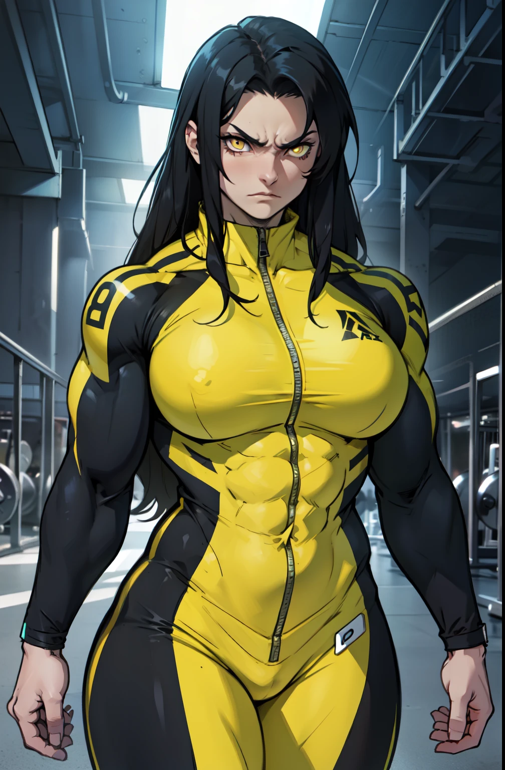 pale skin solo 1 girl black hair yellow eyes angry very long hair dark atmosphere (huge breasts bodybuilder toned body muscular) skinsuit