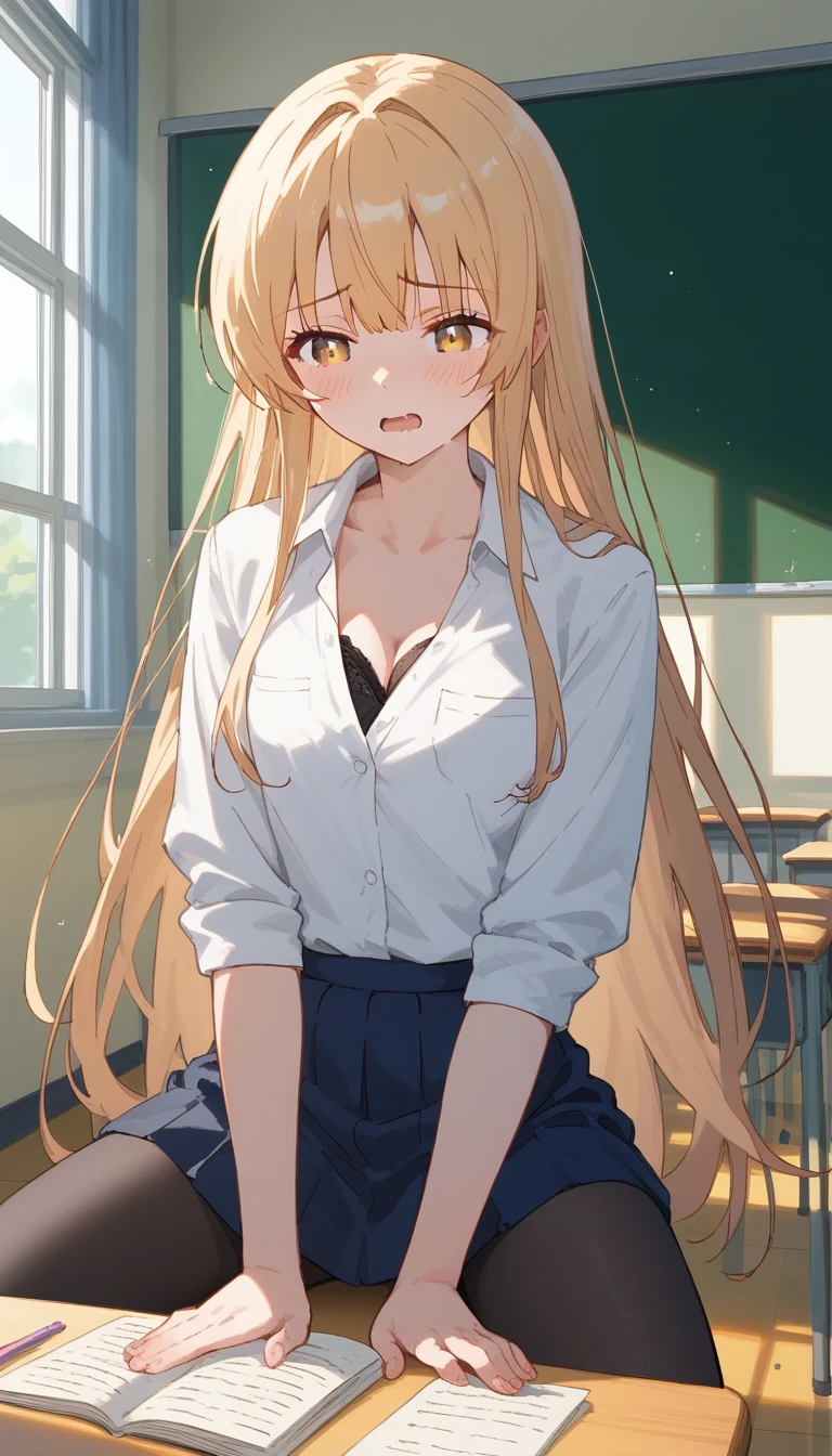 masterpiece,Ultra HD,score_4_onBREAK source_anime,可愛いanimeイラスト, masterpiece,high resolution,alone,mahirushiina,One girl,Blonde,Long Hair,Black Bra,black tights,School,classroom,nsfw,sex,Insert,A man and a woman have sex,