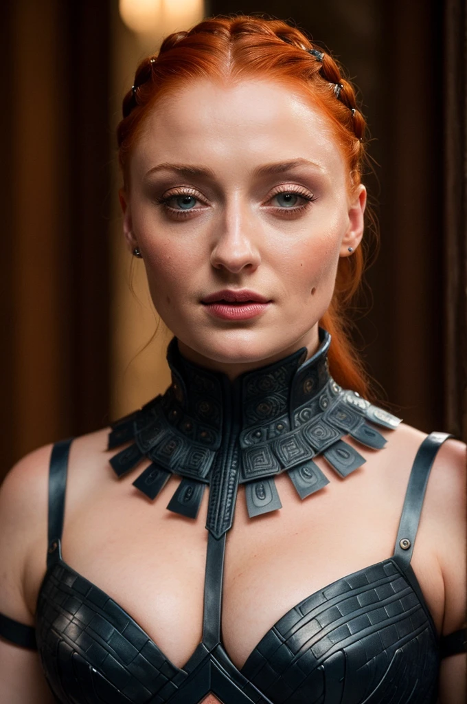Face of Sophie Turner, Sansa Stark played by Sophie Turner, the de facto Lady of the Eyrie, is a 40-year-old mature queen with a stunning, alluring appearance. Full Face, Full figured woman, pierced eyes, reddish lips, upper body shot, erotic Mediaeval costumes, game of thrones costumes, She wears a Game of Thrones-inspired costume and has a deep cleavage, a perfect thick body, and a perfect thick figure. The photograph captures her in a close-up, with her skin texture and facial features being ultra-realistic and realistic. Juicy thick figure, high quality skin, Skin pores, amazing details, snow, snow flakes, semi realistic, extremely detailed eyes, dark moody orange and black settings, cool environment, artificial intelligence