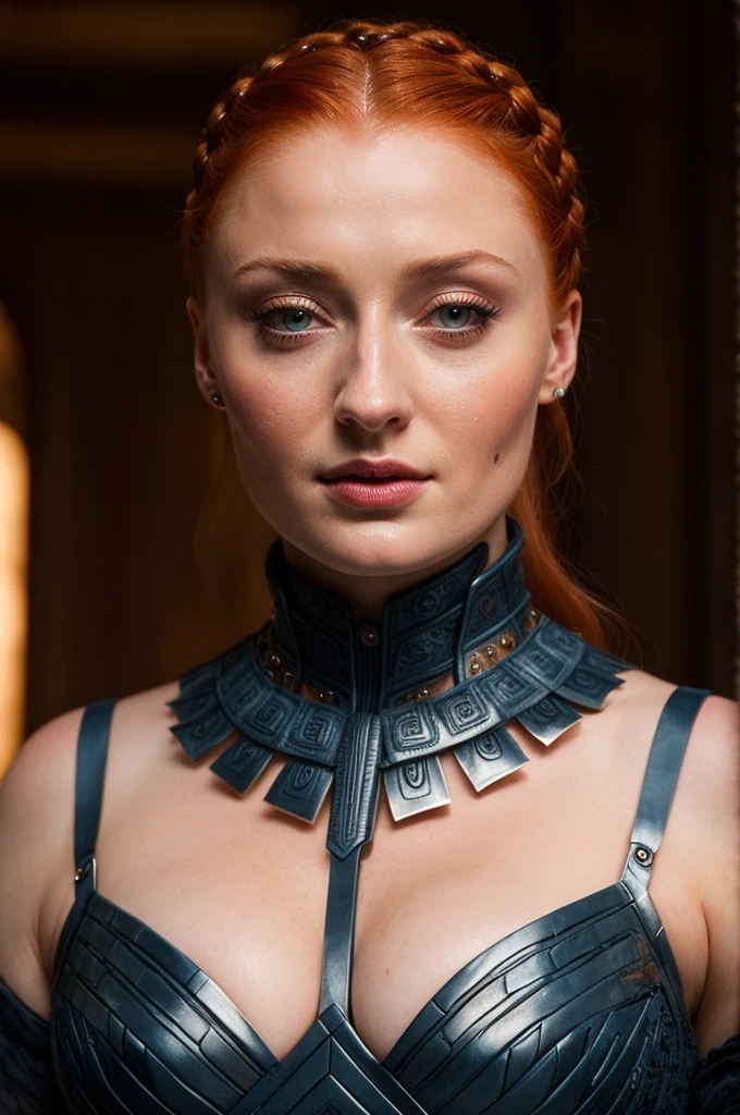 Face of Sophie Turner, Sansa Stark played by Sophie Turner, the de facto Lady of the Eyrie, is a 40-year-old mature queen with a stunning, alluring appearance. Full Face, Full figured woman, pierced eyes, reddish lips, upper body shot, erotic Mediaeval costumes, game of thrones costumes, She wears a Game of Thrones-inspired costume and has a deep cleavage, a perfect thick body, and a perfect thick figure. The photograph captures her in a close-up, with her skin texture and facial features being ultra-realistic and realistic. Juicy thick figure, high quality skin, Skin pores, amazing details, snow, snow flakes, semi realistic, extremely detailed eyes, dark moody orange and black settings, cool environment, artificial intelligence