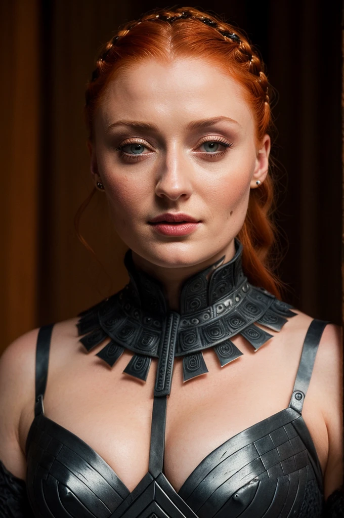 Face of Sophie Turner, Sansa Stark played by Sophie Turner, the de facto Lady of the Eyrie, is a 40-year-old mature queen with a stunning, alluring appearance. Full Face, Full figured woman, pierced eyes, reddish lips, upper body shot, erotic Mediaeval costumes, game of thrones costumes, She wears a Game of Thrones-inspired costume and has a deep cleavage, a perfect thick body, and a perfect thick figure. The photograph captures her in a close-up, with her skin texture and facial features being ultra-realistic and realistic. Juicy thick figure, high quality skin, Skin pores, amazing details, snow, snow flakes, semi realistic, extremely detailed eyes, dark moody orange and black settings, cool environment, artificial intelligence