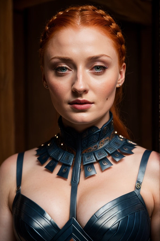 Face of Sophie Turner, Sansa Stark played by Sophie Turner, the de facto Lady of the Eyrie, is a 40-year-old mature queen with a stunning, alluring appearance. Full Face, Full figured woman, pierced eyes, reddish lips, upper body shot, erotic Mediaeval costumes, game of thrones costumes, She wears a Game of Thrones-inspired costume and has a deep cleavage, a perfect thick body, and a perfect thick figure. The photograph captures her in a close-up, with her skin texture and facial features being ultra-realistic and realistic. Juicy thick figure, high quality skin, Skin pores, amazing details, snow, snow flakes, semi realistic, extremely detailed eyes, dark moody orange and black settings, cool environment, artificial intelligence