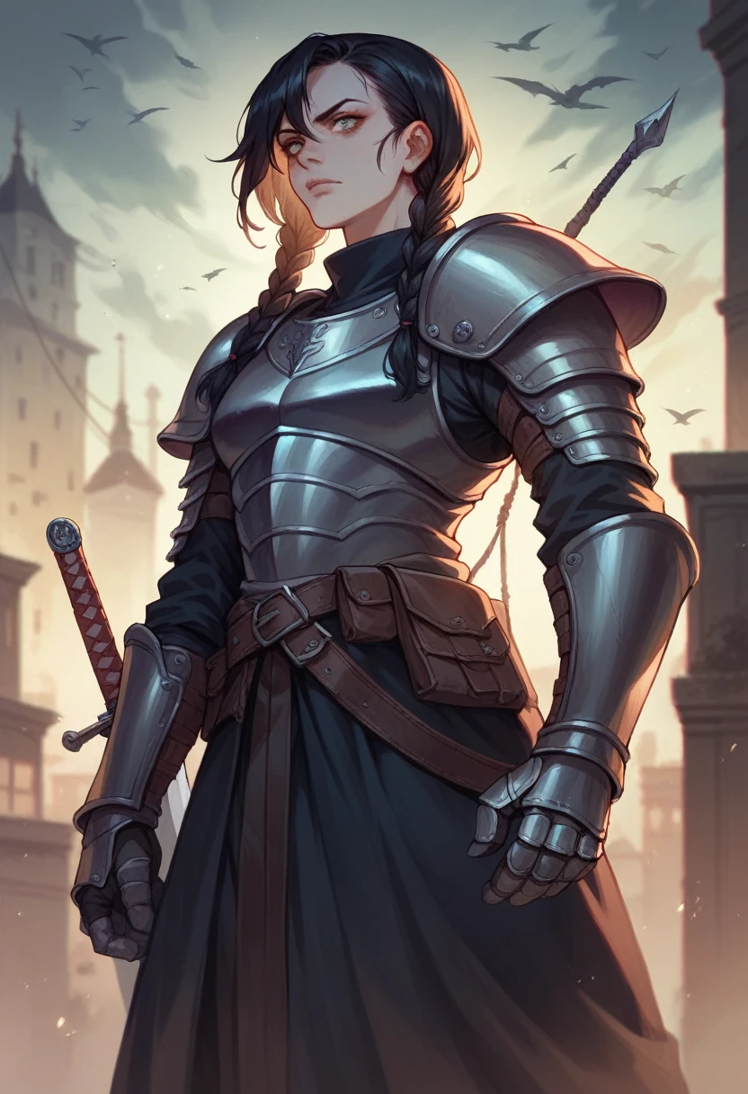 make a realistic illustration of a scary black colored dragon looking at a black haired girl, dressed in black armor and a sword in her hand. make the girl with braids in her hair. add a war chest in a city
