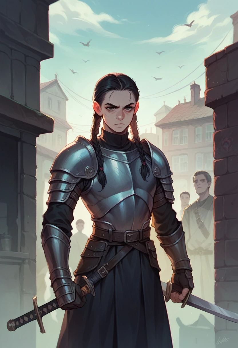 make a realistic illustration of a scary black colored dragon looking at a black haired girl, dressed in black armor and a sword in her hand. make the girl with braids in her hair. add a war chest in a city