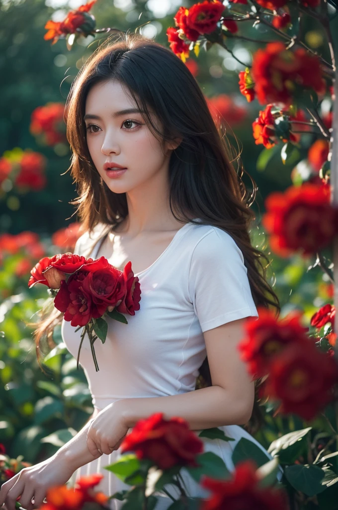 a stunningly realistic, high resolution 8K photo of a beautiful 30-year-old woman with medium long hair and a glamorous figure, (t-shirt:1.2), dramatic lighting, masterpiece, immersive atmosphere, chiaroscuro:(1.5, bright light:1.2, luminous lighting), (background blur:1.5), blurring, best quality, photorealistic, ultra-detailed, HDR, physically-based rendering, studio lighting, vivid colors, bokeh, (real skin texture:1.3), high contrast, (Fuji Color:1.5), Film grain, girl in garden, black cleavage dress, (red flowers mess in background:1.3)