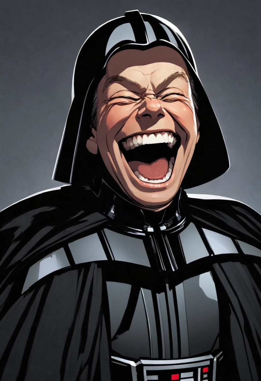 A man laughing, with a bad DarthVader-style face