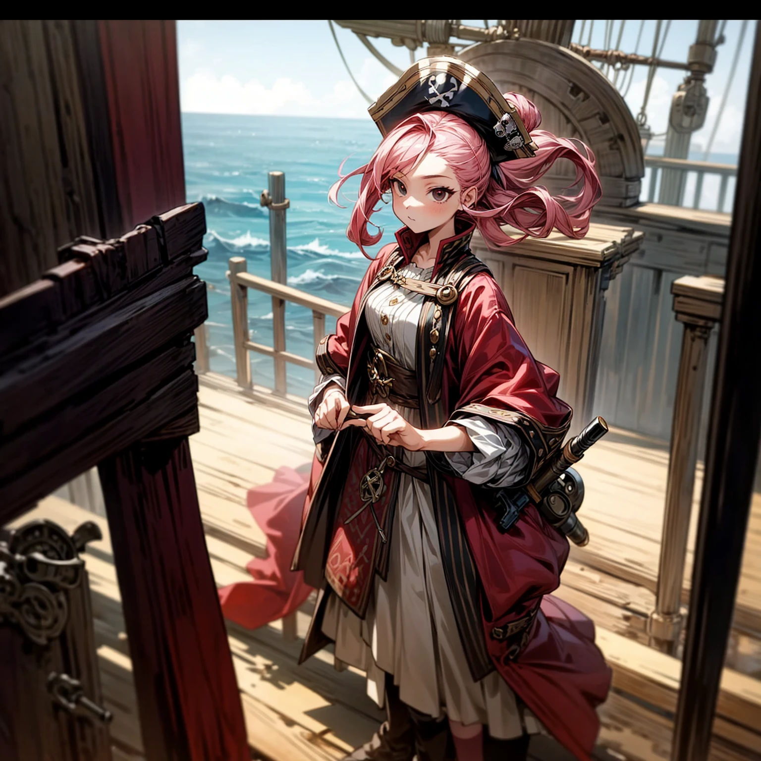 1girl, Full body version, 1character, girl version, black eyes, long Curly haircut, pink colour hair, ancient pirate style clothing, red colour clothing, Grassroots, background in the ship, motion blur, (Hunter x Hunter style), standing gesture, pirate hat, boardsword in hand