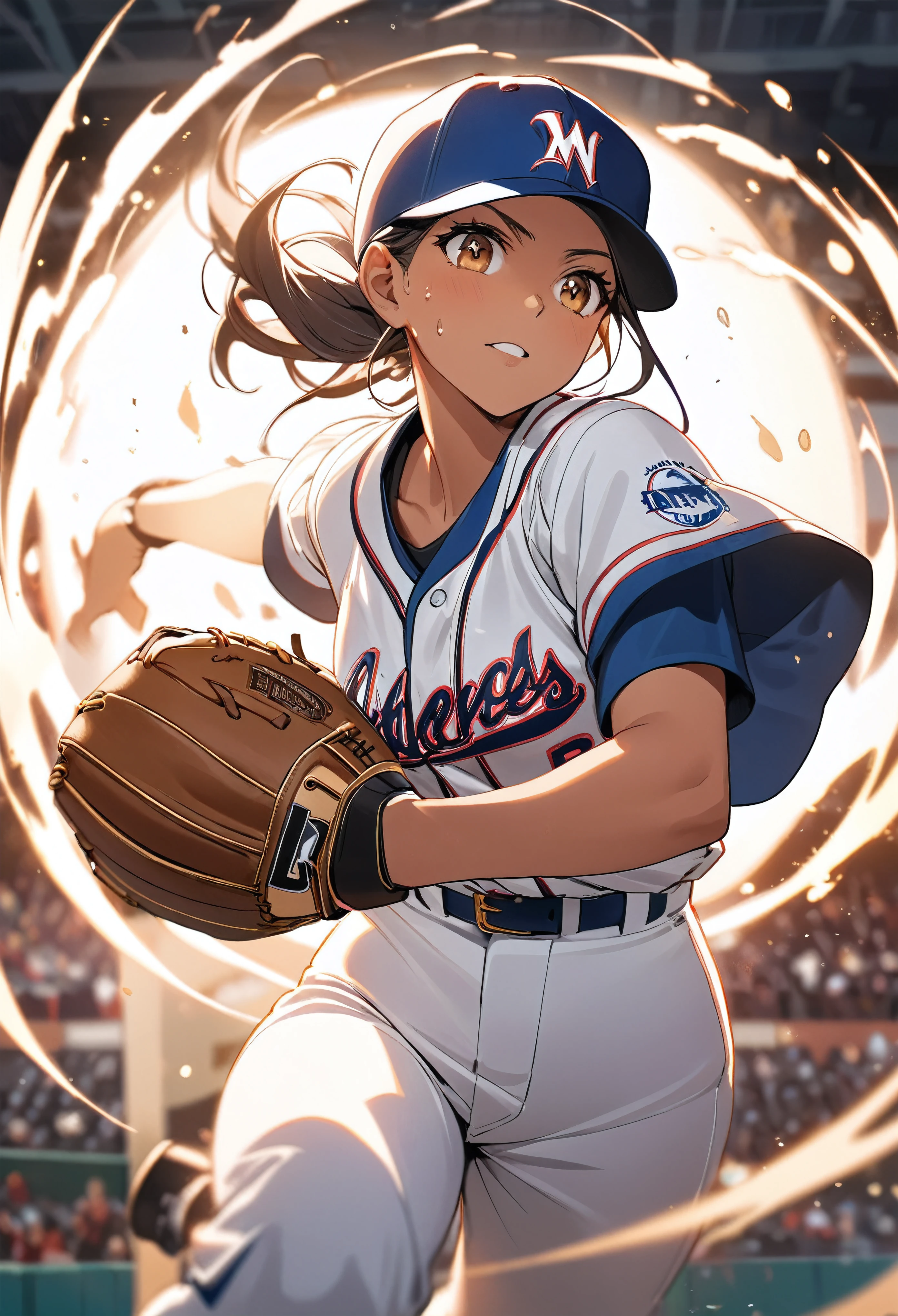 Attractive female baseball player, pitcher, Pitching at the viewers, The approaching ball, BREAK Detailed and attractive skin texture, Tanned woman skin color, Fresh, moist and soft, Attractive breasts, Refreshing sweat, BREAK Extend hand holding ball towards viewer, The ball is released from the hand and approaches the viewer., Depicts a single ball approaching the viewer, BREAK Medium-chested athletic figure, tight baseball uniform, Accurate pitching motion, The ideal pitch, BREAK Dynamic Motion Blur, Emphasizing the sense of movement, BREAK The ball is released from the hand, Dynamically approaching your audience, BREAK The approaching ball in front of the viewers, Ideal trajectory from the hand, Motion blur highlights the incredible speed of the ball, 