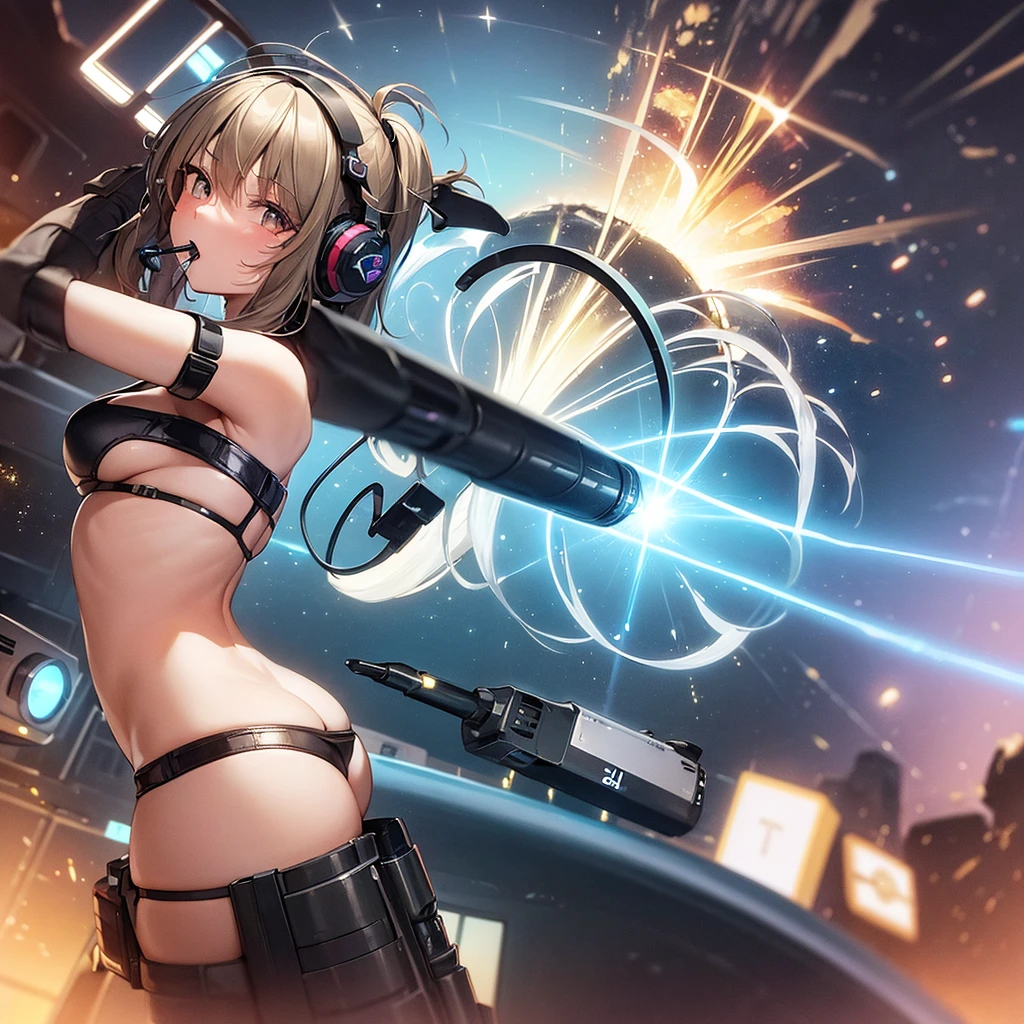 A cute woman explorer (sci fi bikini, radio headset, laser gun), panicked, being attacked by man eating rape alien (huge penis, mouth full of teeth), anal sex, alien forest