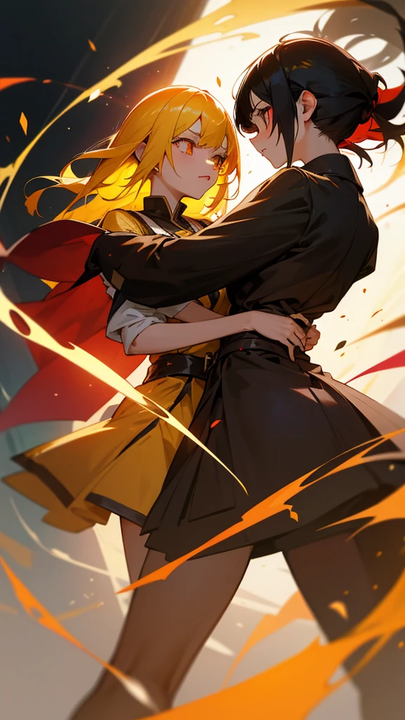 A girl with black hair with red pupils with cursed magic next to her friend, a girl with yellow hair, brown eyes and with light magic fighting against demons 
