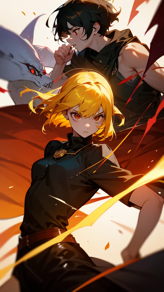 A girl with black hair with red pupils with cursed magic next to her friend, a girl with yellow hair, brown eyes and with light magic fighting against demons 