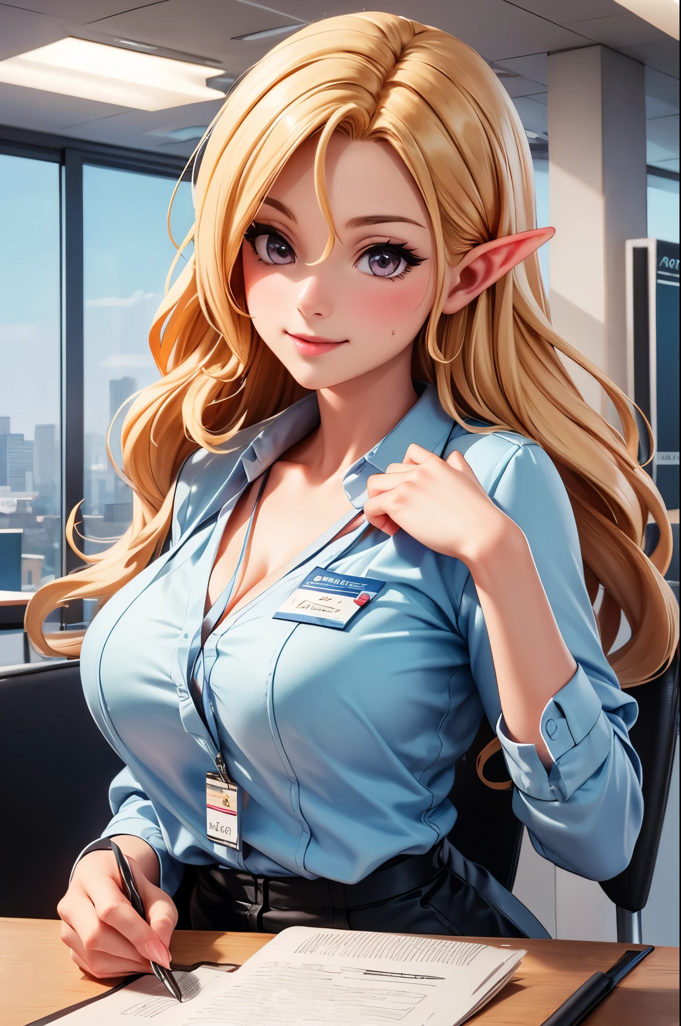 looking at the audience, whole body, Upper body focus, actual, shiny skin, a elf lady, (female office worker), business suit, split, , (pretty face:1.1), (masterpiece, high quality:1.2), perfect , maternal love, porcelain skin, honey blonde, Very long hair, curls, adult, heart, in love, seductive light smile, light blush, Edge lighting, two color lights, (Highly detailed skin:1.2), 8K uhd, hand drawn animation,イーブイの絵, soft light, Volumetric lighting, confess, photo, High resolution, Bokeh, high quality, 8K