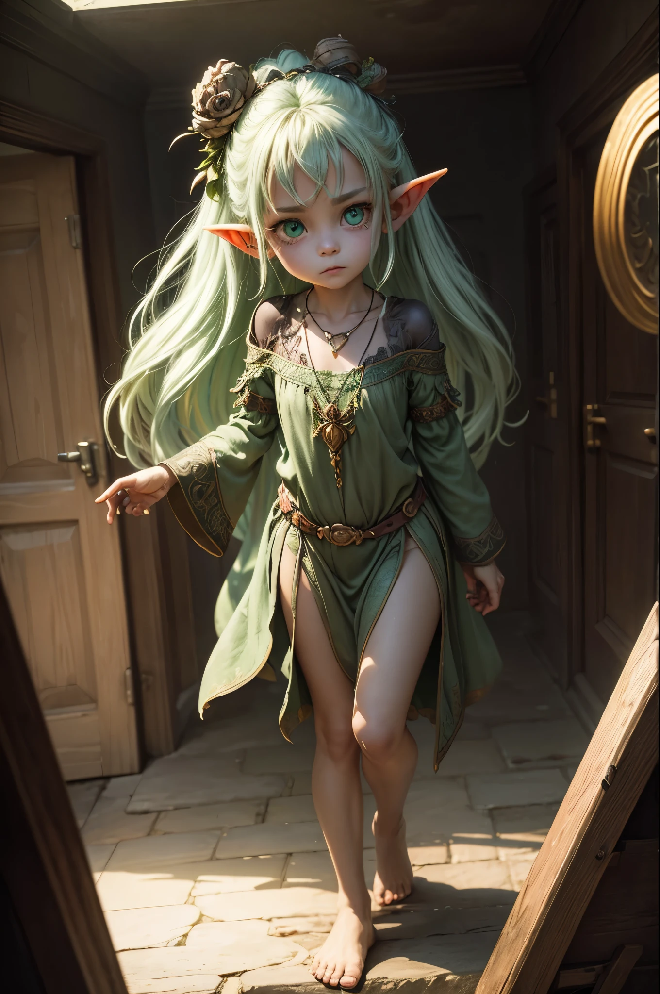 (Realisttic:1.2), analog photo style, (cute goblin wooman looking like elf, intensed green serpent's eyes, surrounded by a gloomy antique setting), (her full body s a visual pleasure), faint smile, soft shading expresses beautiful skin texture, silk material, Graceful curve, necklace, rich and lustrous hair, three dimensional effect, gloomy dark atmosphere, play of light in the sun rays, a delicate balance between beauty and darkness, faded colours, great quality, Masterpiece, intricate fantasy background, naturally cinematic light, 16k quality, HDR, RAW photo