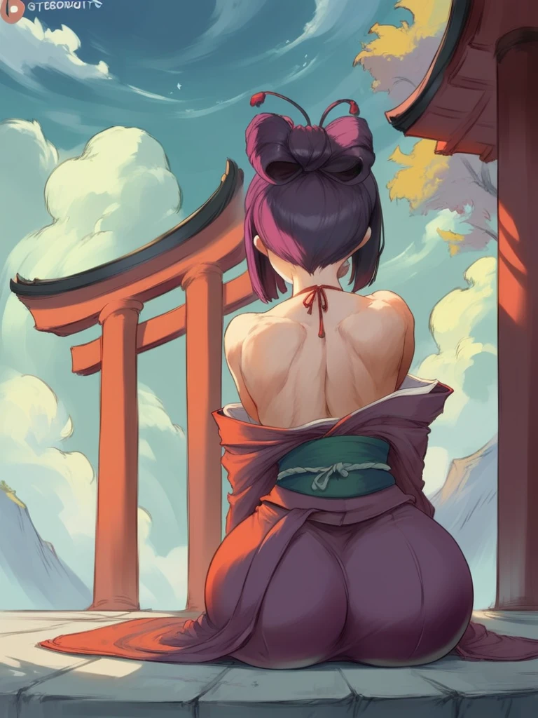 a cartoon image of a woman in a kimono outfit with a big ass, lit from behind, inspired by Torii Kiyonobu I, (sfw) safe for work, oppai, in a kimono, in kimono, cutesexyrobutts, japanese goddess, inspired by Nishikawa Sukenobu, obi strip, thicc, beautiful anime girl sitting down while it is night time.