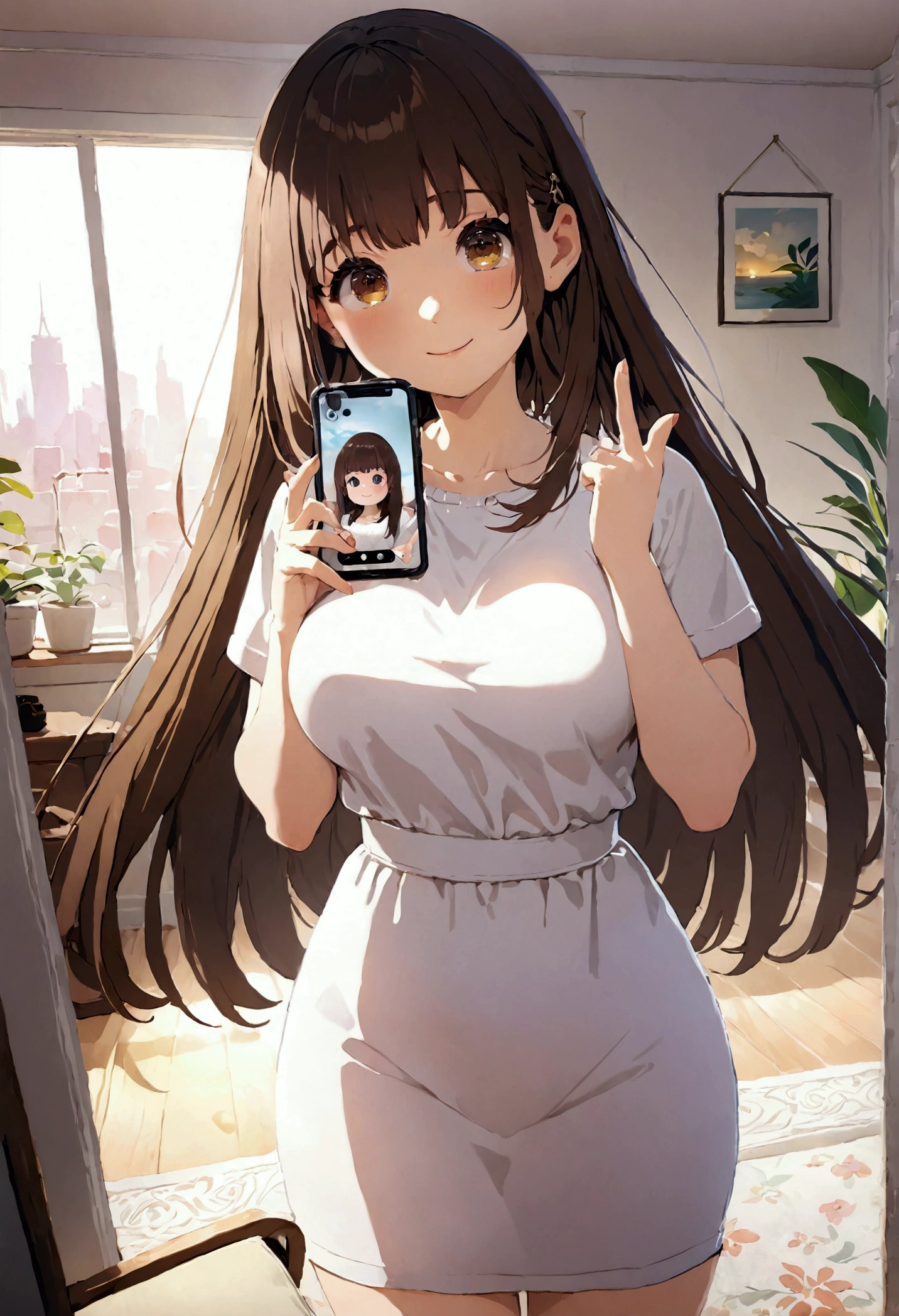 ((1girl)),  super fine illustration, vibrant colors, absurdres extremely detailed CG, 8k wallpaper, (masterpiece:1.3), dynamic angle, dynamic pose, 
best quality, depth of field, cinematic lighting, ultra detailed, brown long hair, very straight hair, large breast, white knit dress , 20yo, cute, very baby face, brown eyes, kawaii, smile, droopy eyes, arms at sides, smartphone, modern living room, peace fingers, smartphone, The smartphone screen is facing you