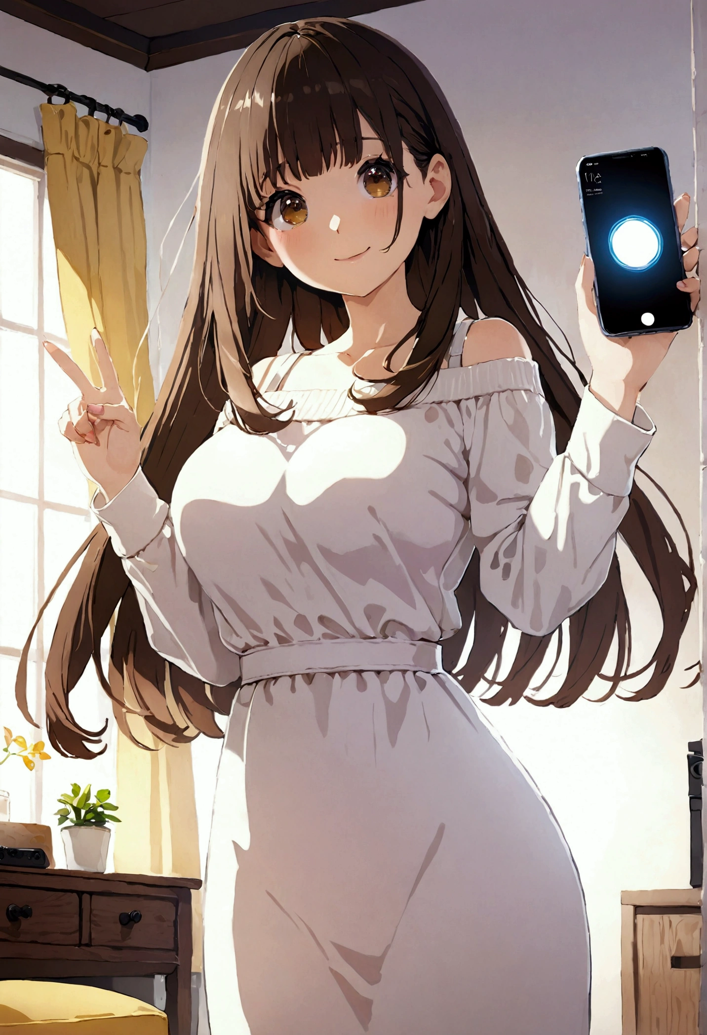 ((1girl)),  super fine illustration, vibrant colors, absurdres extremely detailed CG, 8k wallpaper, (masterpiece:1.3), dynamic angle, dynamic pose, 
best quality, depth of field, cinematic lighting, ultra detailed, brown long hair, very straight hair, large breast, white knit dress , 20yo, cute, very baby face, brown eyes, kawaii, smile, droopy eyes, arms at sides, smartphone, modern living room, peace fingers, smartphone, The smartphone screen is facing you