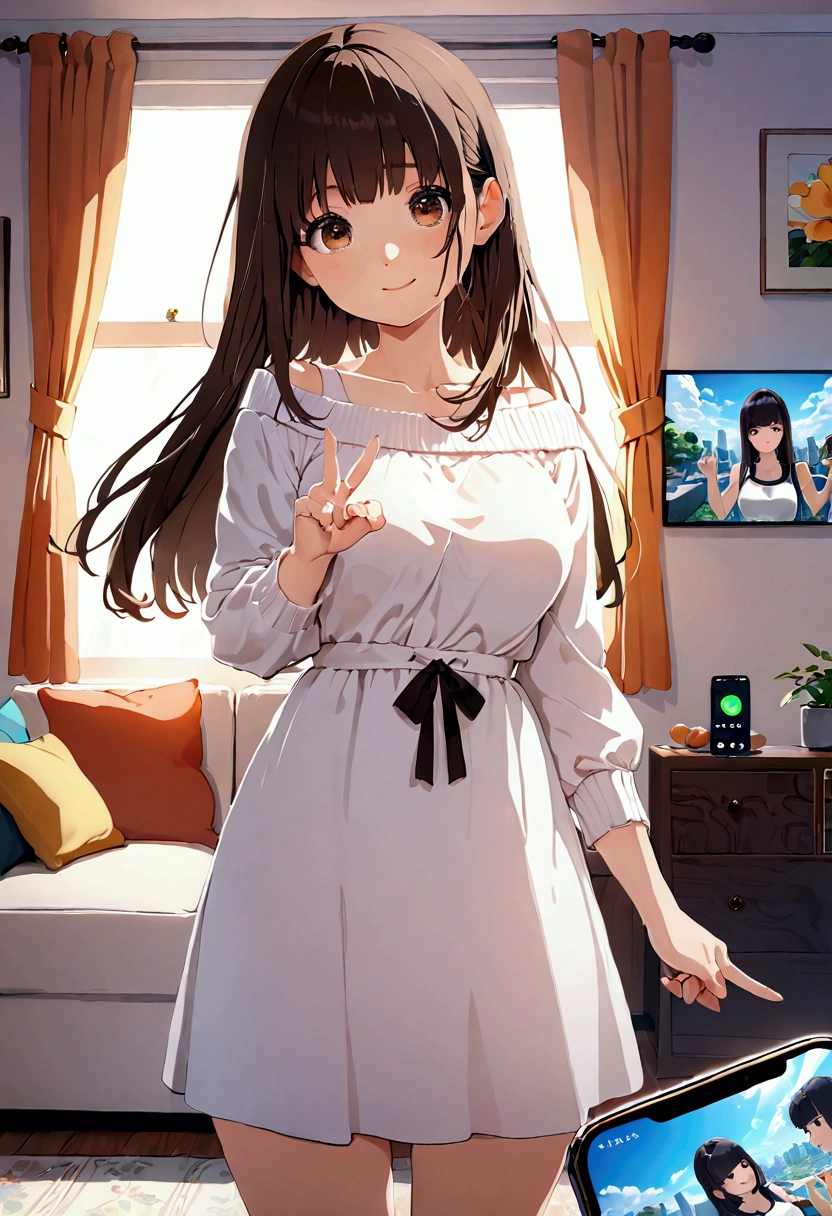 ((1girl)),  super fine illustration, vibrant colors, absurdres extremely detailed CG, 8k wallpaper, (masterpiece:1.3), dynamic angle, dynamic pose, 
best quality, depth of field, cinematic lighting, ultra detailed, brown long hair, very straight hair, large breast, white knit dress , 20yo, cute, very baby face, brown eyes, kawaii, smile, droopy eyes, arms at sides, smartphone, modern living room, peace fingers, smartphone, The smartphone screen is facing you