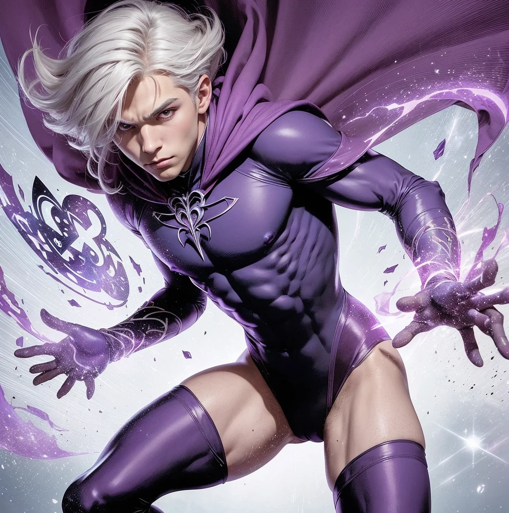 American classic comic book art: handsome ethereal young boy delicate, intermediate light white hair with beautiful messy, pointy ears, purple-indigo tight bodysuit adorned by mystical symbols, dark gloves, purple long sleeves, purple world of dreams, conjuring magic energy symbols, magenta cape adorned with symbols, sorcerer, white eyes, showing thighs, very young face man, beautiful thighs, classic comic book,