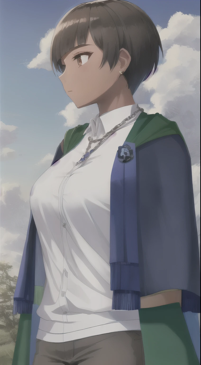 1girl,tomboy (pixie cut),black hair, tan brown skin (masterpiece,mature,detailed, high quality)Hogwarts House Ravenclaw, ((long blue cloak)), silver eagle chain around the neck, Hogwarts in the background, (looking away, looking far:1.3)))
