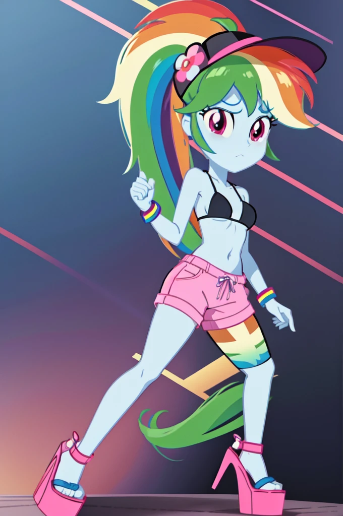 Rainbow Dash, 1 girl, Equestria Girls, rainbow hair, long ponytail, purple eyes, clear blue skin, small breasts, detailed body, detailed face, detailed eyes, glistering body, shiny body, gorgeous body, masterpiece, athletic body, full body, :3, ((pink hat, black bikini top, midriff, pink short pants, platform high heels)), countryside, clear sky, sit on tractor,