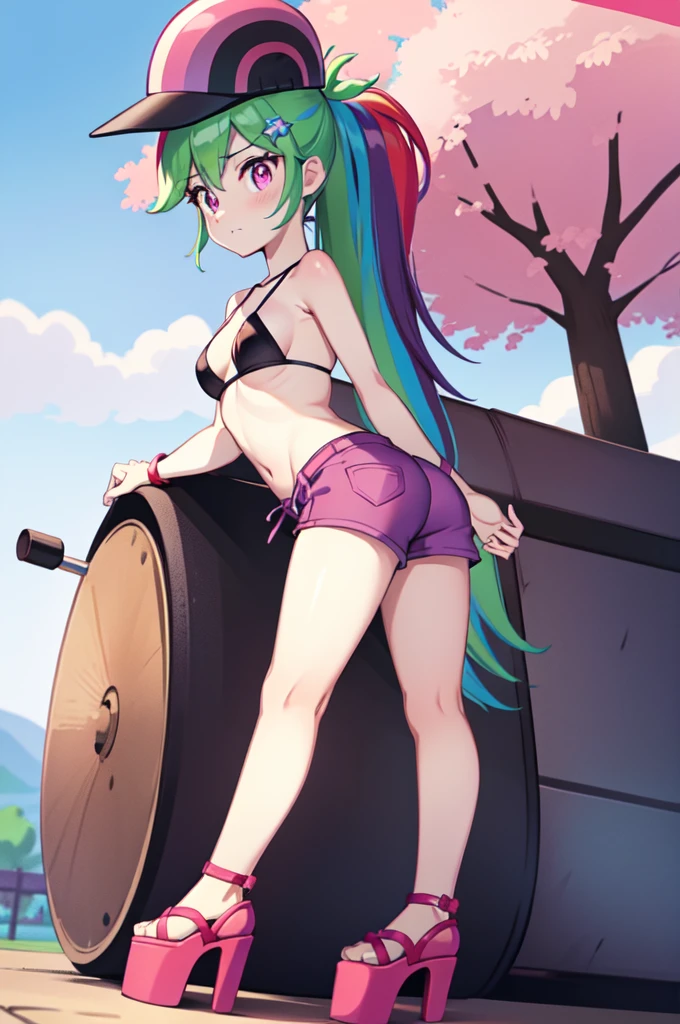 Rainbow Dash, 1 girl, Equestria Girls, rainbow hair, long ponytail, purple eyes, clear blue skin, small breasts, detailed body, detailed face, detailed eyes, glistering body, shiny body, gorgeous body, masterpiece, athletic body, full body, :3, ((pink hat, black bikini top, midriff, pink short pants, platform high heels)), countryside, clear sky, sit on tractor,