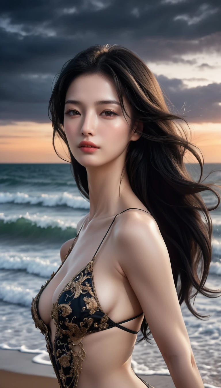 ((Masterpieces with up to 16K resolution:1.6)),Highest quality,it is really amazing,Very detailed,Ultra-high resolution,((Real:1.5)),((Realistic:1.5)),Increased depth of field,((Cinematic Light Effects:1.5)),
Elegant mature woman,((Focus on a woman's face:1.5)),
Long black hair,((Ultra-detailed and beautiful faces:1.5)),Translucent white skin,Very detailedな肌の質感,Great proportions,Anatomically correct body,
Elegant high leg swimsuit,Artistic design,Beautiful and detailed pattern,Luxurious jewellery decoration,Detailed fabric texture,
Coastal landscape at dusk,Dark clouds and dark sky,delay々Continuing sandy beach, Deserted Beach,Dark sea surface,
(((Close-up shot of face:1.8))),
