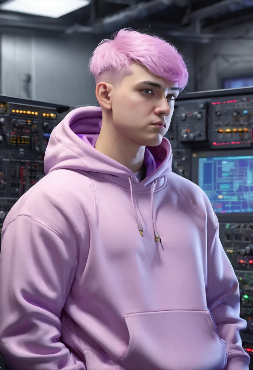 1 man, in front of a control panel, wearing a lilac sweatshirt, detailed facial features, detailed light male eyes, detailed pinkish white skin, short pink hair hidden in the sweatshirt hood, Heavyset body, burly body, strong lighting, expression shame on the face, cold cinematic composition, atmospheric fog, round face, thin chin, round nose, curveline man, male, 25 years old (best quality, 4K, 8K, high resolution, art: 1.2), ultra-detailed, (realistic, photorealistic, photorealistic: 1.37)