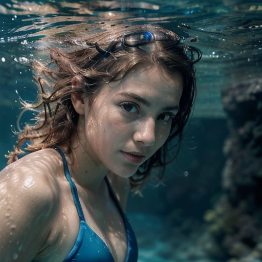 portrait photo,(add_Detail:1.5), (close-up of 1 girl swimming at high speed above underwater canyon), (What_miss_Morgan, 25 years), (blue bikini), Bubbles, (underwater sea life, lush, armed, Lively, biodiversity), (masterpiece, top quality), contract for 8 thousand., (detailing:1.2),(Fujifilm XT3:1.2), extremely Detailed, close-up