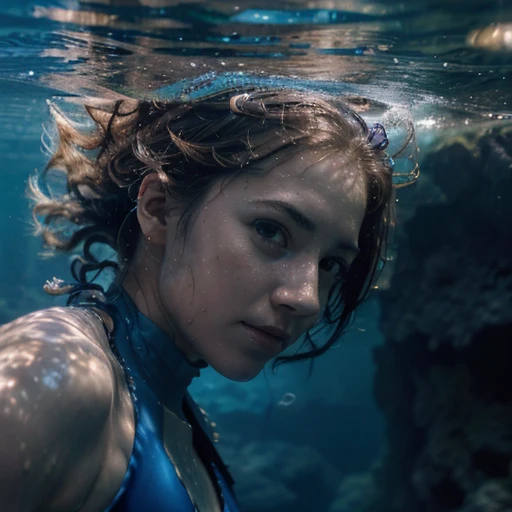 portrait photo,(add_Detail:1.5), (close-up of 1 girl swimming at high speed above underwater canyon), (What_miss_Morgan, 25 years), (blue bikini), Bubbles, (underwater sea life, lush, armed, Lively, biodiversity), (masterpiece, top quality), contract for 8 thousand., (detailing:1.2),(Fujifilm XT3:1.2), extremely Detailed, close-up