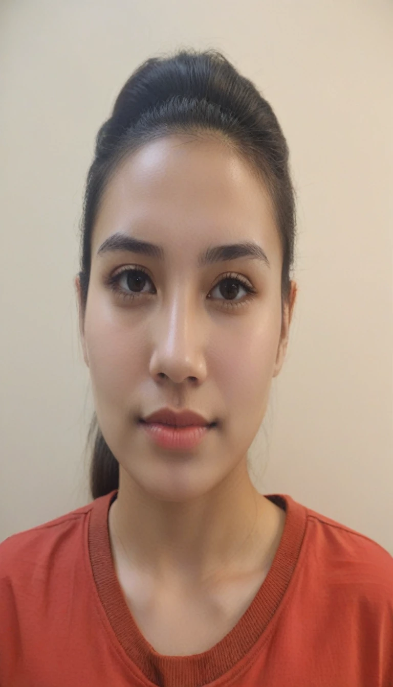 a close up of a woman with a red shirt and a brown shirt, face picture, 23 years old woman, with accurate face, young female face, full round face, with round face, without makeup, 2 4 years old, clean perfect symmetrical face, 2 7 years old, very clear face, 2 8 years old