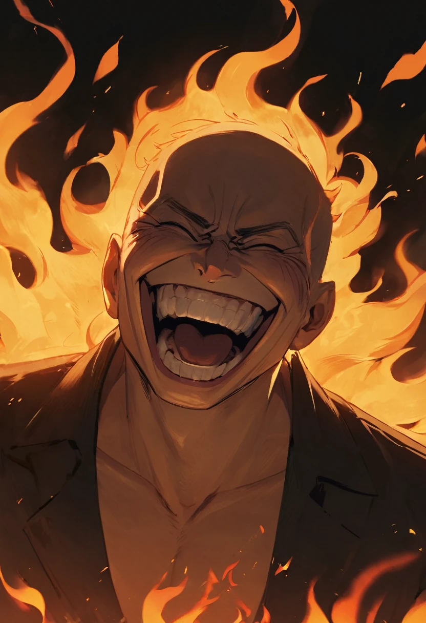 A man laughing, with a bad face, with flames around you