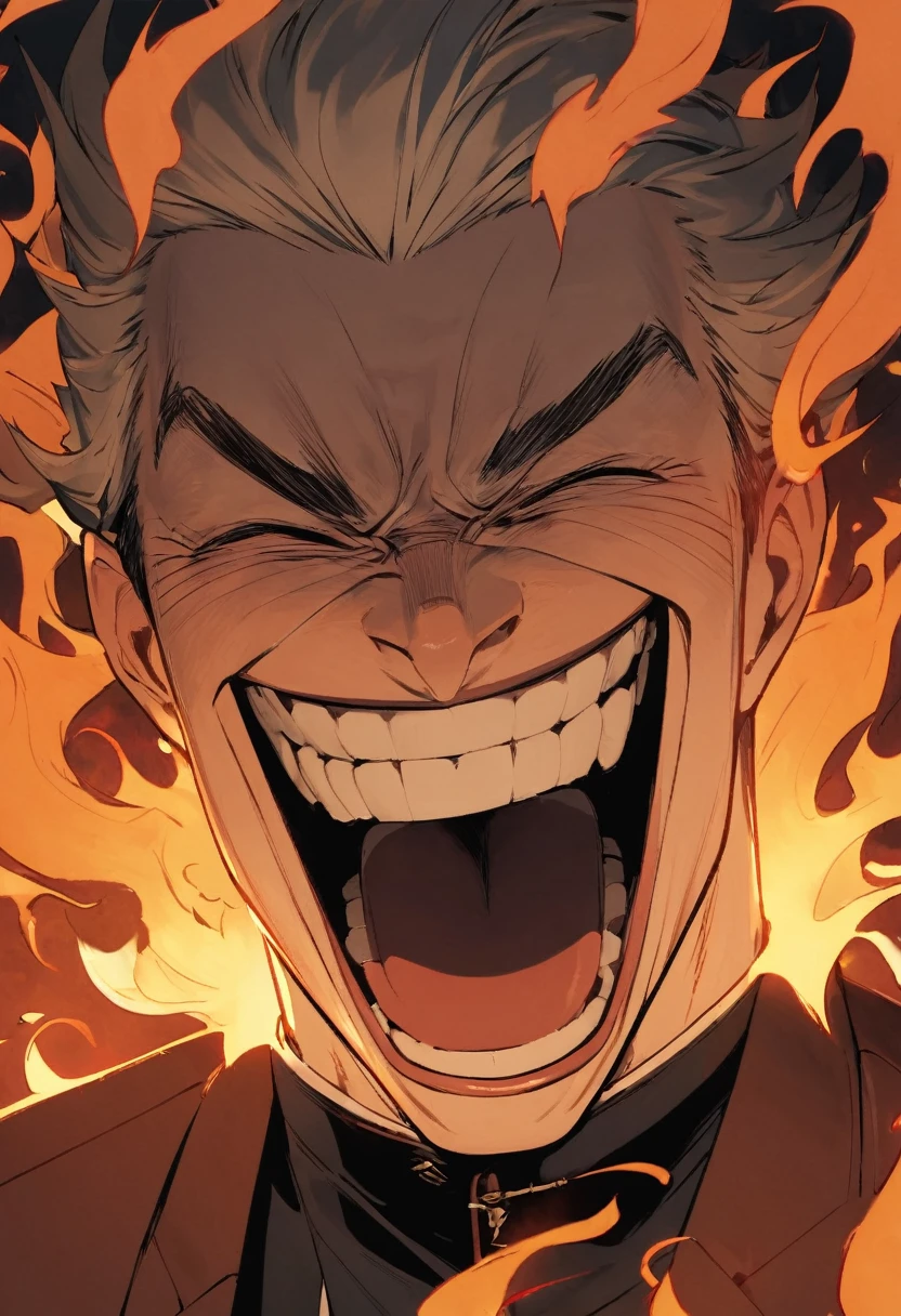 A man laughing, with a bad face, with flames around you