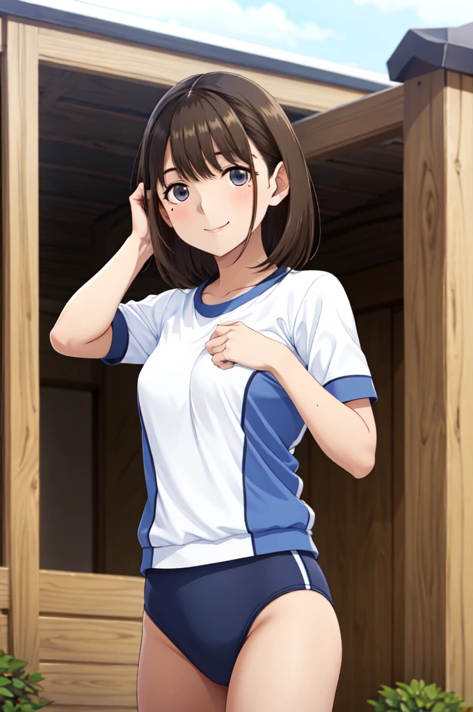 masterpiece, best quality, highres, aanene, short hair, buruma,gym uniform, standing, cowboy shot, outdoors, smile