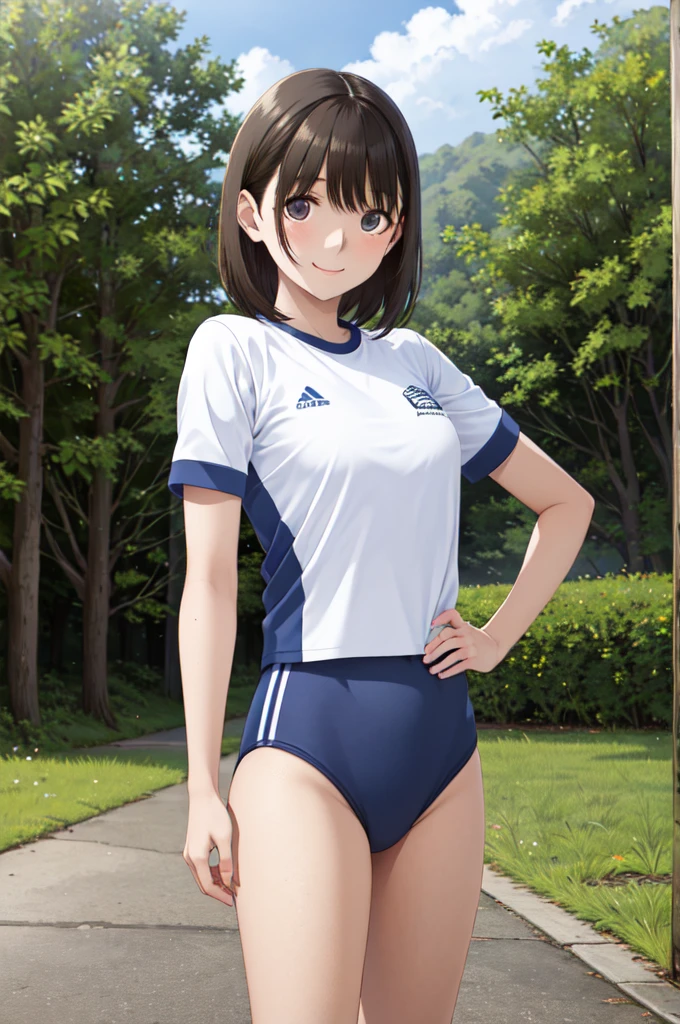 masterpiece, best quality, highres, aanene, short hair, buruma,gym uniform, standing, cowboy shot, outdoors, smile