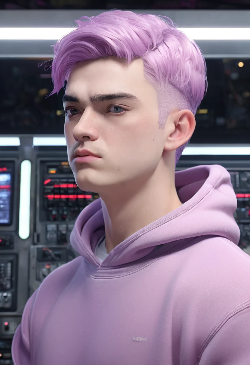 1 man, in front of a control panel, wearing a lilac sweatshirt, detailed facial features, detailed clear male eyes, detailed pinkish white skin, short pink hair hidden in the sweatshirt hood, Heavyset body, burly body, strong lighting, shame expression on face, cold cinematic composition, atmospheric fog, round face, thin chin, round nose, curveline man, male, 25 years old (best quality, 4K, 8K, high resolution, art: 1.2), ultra-detailed, (realistic, photorealistic , photorealistic: 1.37)