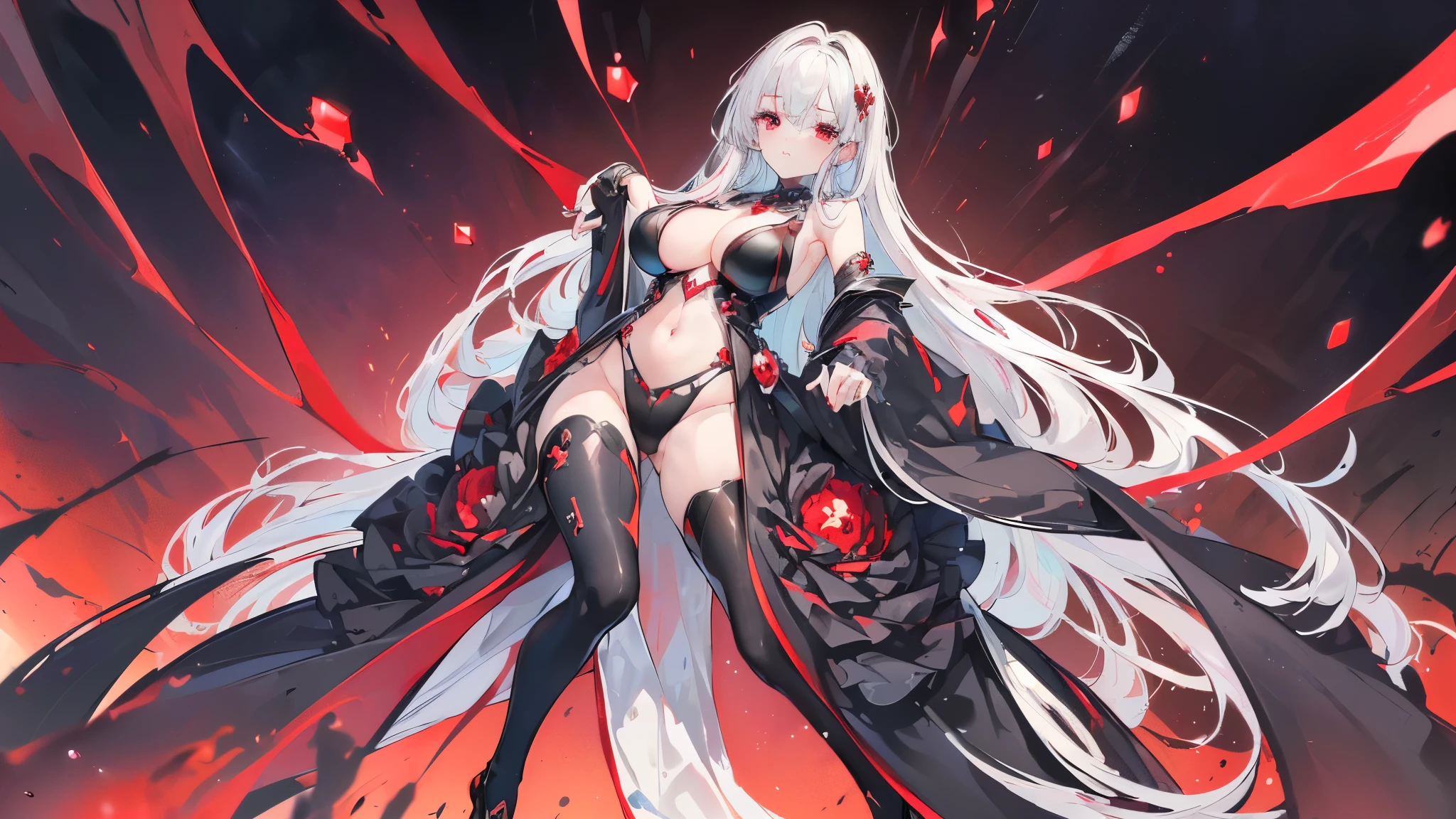 (Exquisite eyes),(Clear and beautiful eyes:1.61),masterpiece, ung girl,(Black clothes and some red gems), Black long hair, (She has a huge red gem on her chest), Good Hand,((The Havoc of StarCraft)),full-body shot,Fighting Stance,(Red Eyes:1.466),short and small,(Very big 5),(Pretty Face),(full-body shot:1.33),Beautiful hands