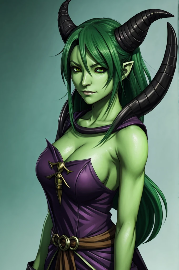 Anime-style art, Tiefling is a female rogue with green skin and smooth horns, who is a charlatan and does not trust anyone, full-length in a village