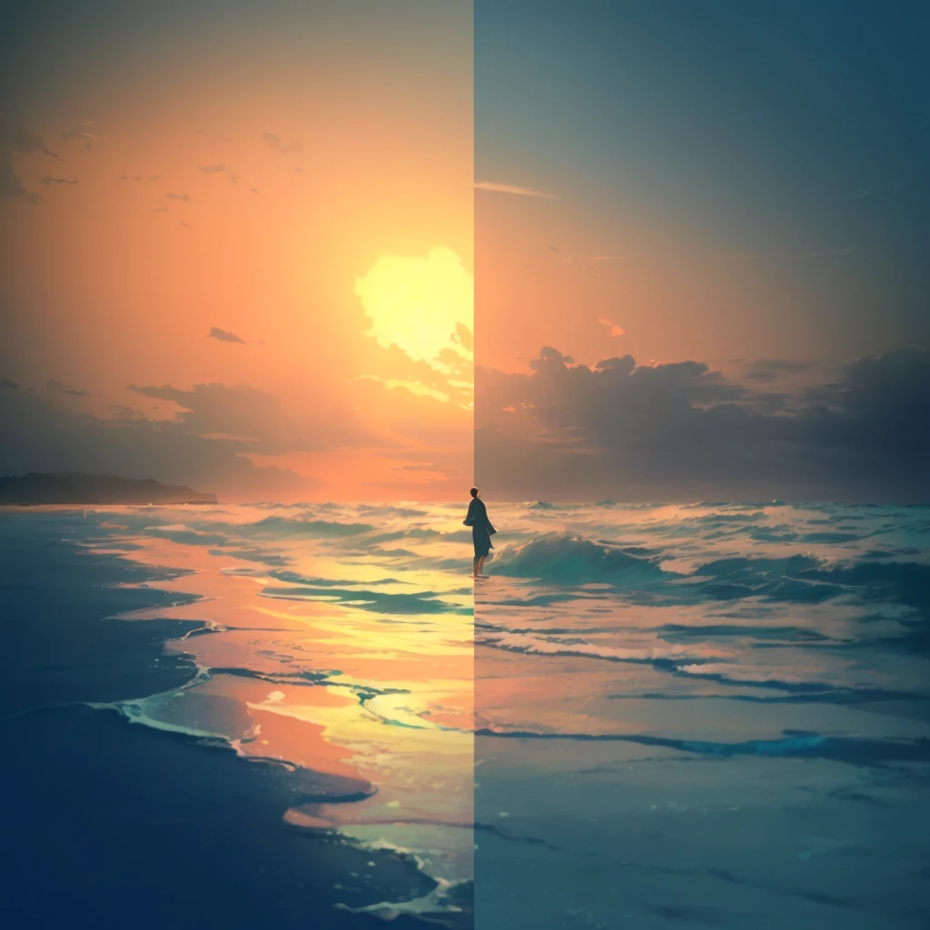 there is a man standing on a beach in the middle of the ocean, makoto shinkai cyril rolando, little detailed. digitalpainting, cyril rolando and goro fujita, Inspired by Cirilo Rolando, reflections. por Makoto Shinkai, Atey Ghailan 8K, inspired by Atey Ghailan, in style of cyril rolando