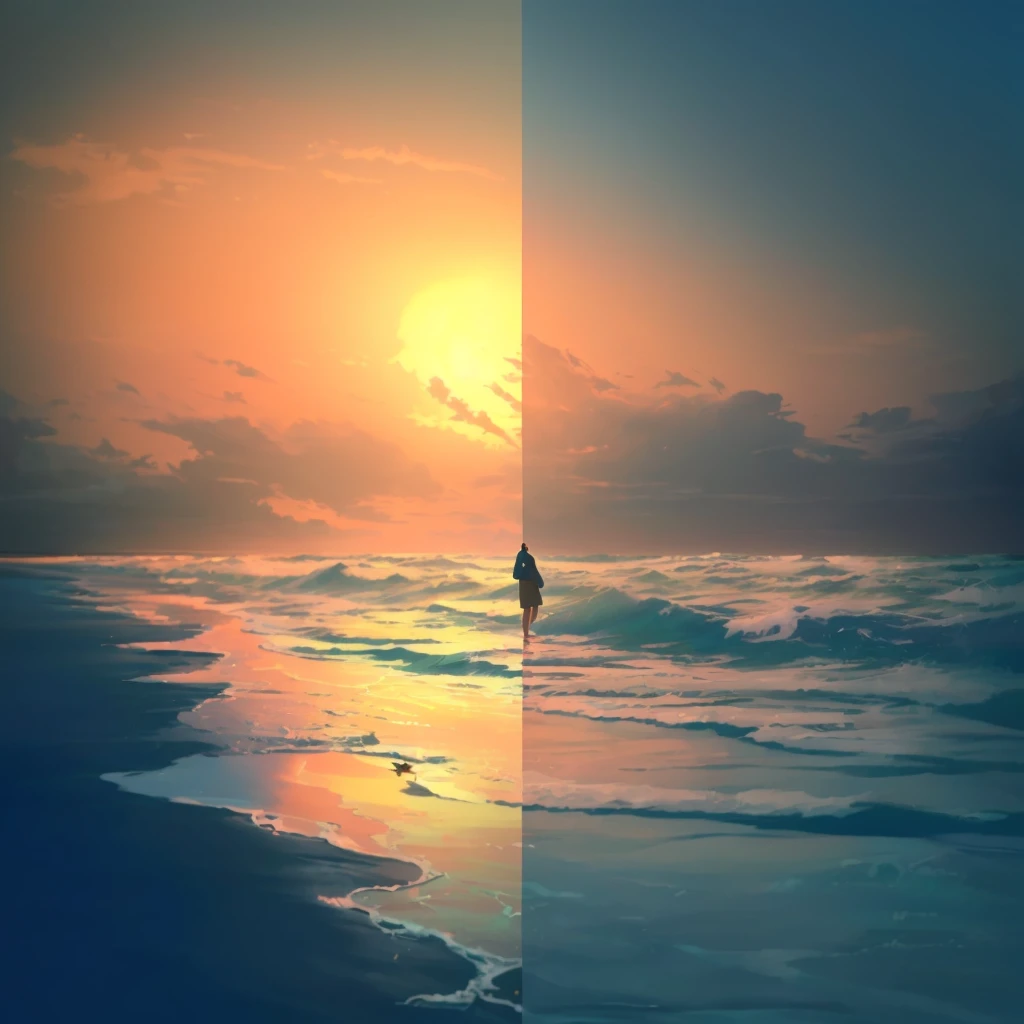 there is a man standing on a beach in the middle of the ocean, makoto shinkai cyril rolando, little detailed. digitalpainting, cyril rolando and goro fujita, Inspired by Cirilo Rolando, reflections. por Makoto Shinkai, Atey Ghailan 8K, inspired by Atey Ghailan, in style of cyril rolando