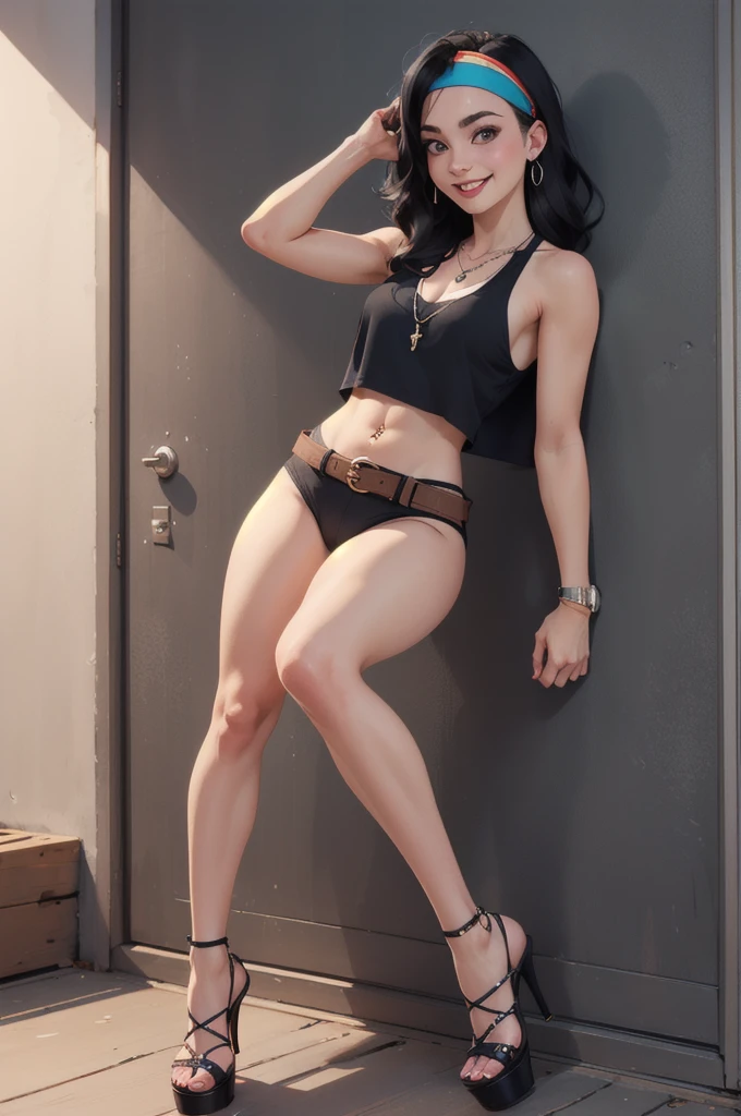 hayley smith, 1girl, black hair, long hair, solo, necklace, jewelry, tank top, headband, midriff, panties, platform high heels, belt, navel piercing,looking at viewer, smile, cowboy shot, fullbody, hippie