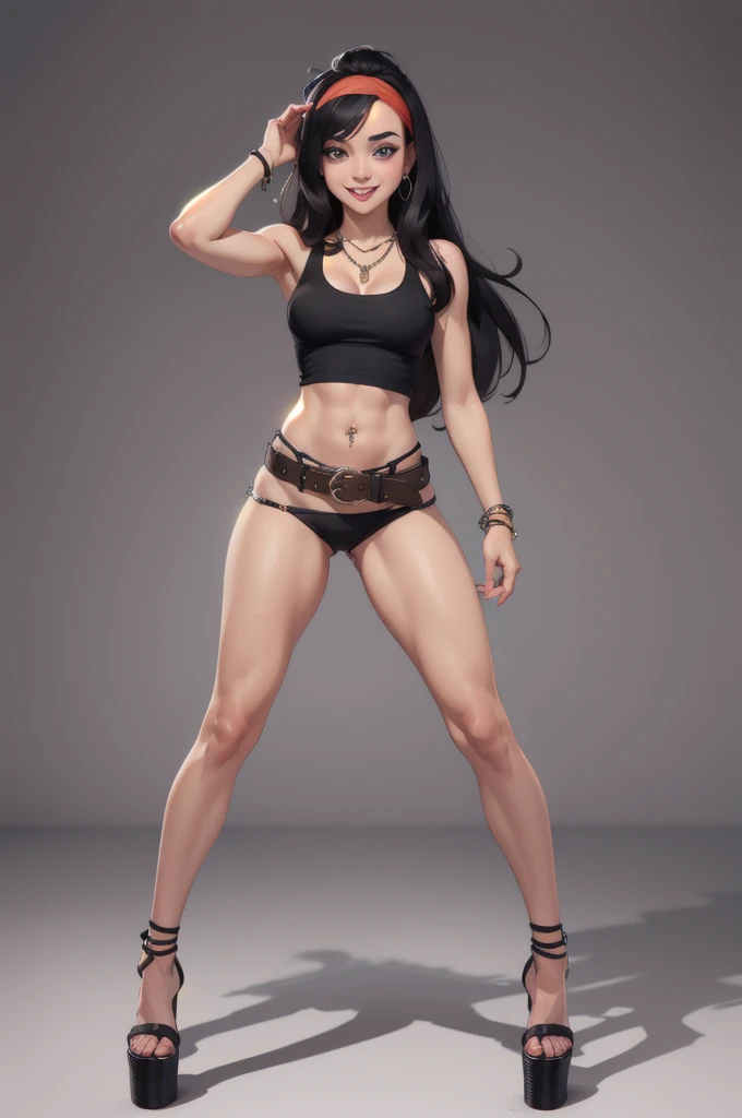 hayley smith, 1girl, black hair, long hair, solo, necklace, jewelry, tank top, headband, midriff, panties, platform high heels, belt, navel piercing,looking at viewer, smile, cowboy shot, fullbody, hippie