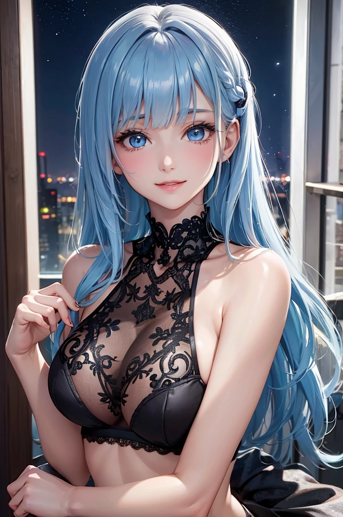 Best Quality,High resolution,8K,finelity detailed background,Masterpiece:1.2),beautiful girl,Shiny light blue hair,blunt bangs,Light blue eyes,Gentle look,A refreshing look,smile,Best quality,Best Quality,Aesthetic and aesthetic:1.2,Best details((Super detailed))(High-definition CG illustrations),Upper Body, Black underwear,(black intricate lace),Slender body,night,moon,Bedroom,On the bed,smile,blush,cute,Scrounge,Looking up,Being spoiled,super model,wariza,shoot from,below