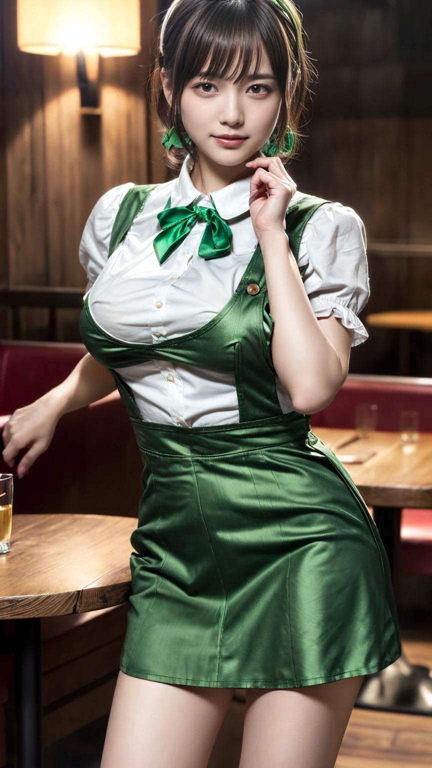 (absurdres:1.3), (highres:1.3), (ultra detailed:1.3),(1girl:1.3), (extremely detailed CG unity 8k wallpaper:1.3), (detailed skin texture, detailed cloth texture, detailed hair texture), (beautiful detailed face, supermodel, pale skin, realistic glistening skin), (RAW photo, best quality), (realistic, photo-realistic:1.4), masterpiece, extremely delicate and beautiful,Amazing, finely detail, extremely detailed CG unity 8k wallpaper, huge filesize, ultra-detailed, highres, absurdres, soft light,rim light, vibrant details, hotel room, short bob hair, (large breasts:1.2), black hair color, Big Natural Color Lip, (perfect body shape), beautiful legs, BREAK (fusion of dirndl and short sleeve white collared-shirt with neck ribbon:1.4), ((A-line, underboobs, puff sleeves):1.3), ((deep-green Pinafore):1.3), thighs skin, Restaurant, Serving customers inside the restaurant. crying a little、little smile, Harajuku style、20 year old girl、cute type、ta、